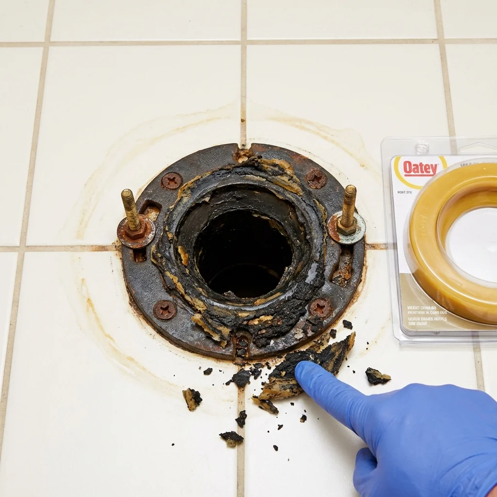 Failed wax ring showing water seepage at the base of a toilet in a Republic, PA home