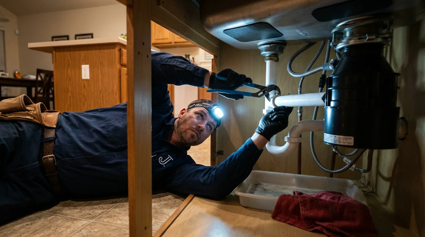 P-trap and supply line connections under a kitchen sink showing a common leak point in Republic, PA